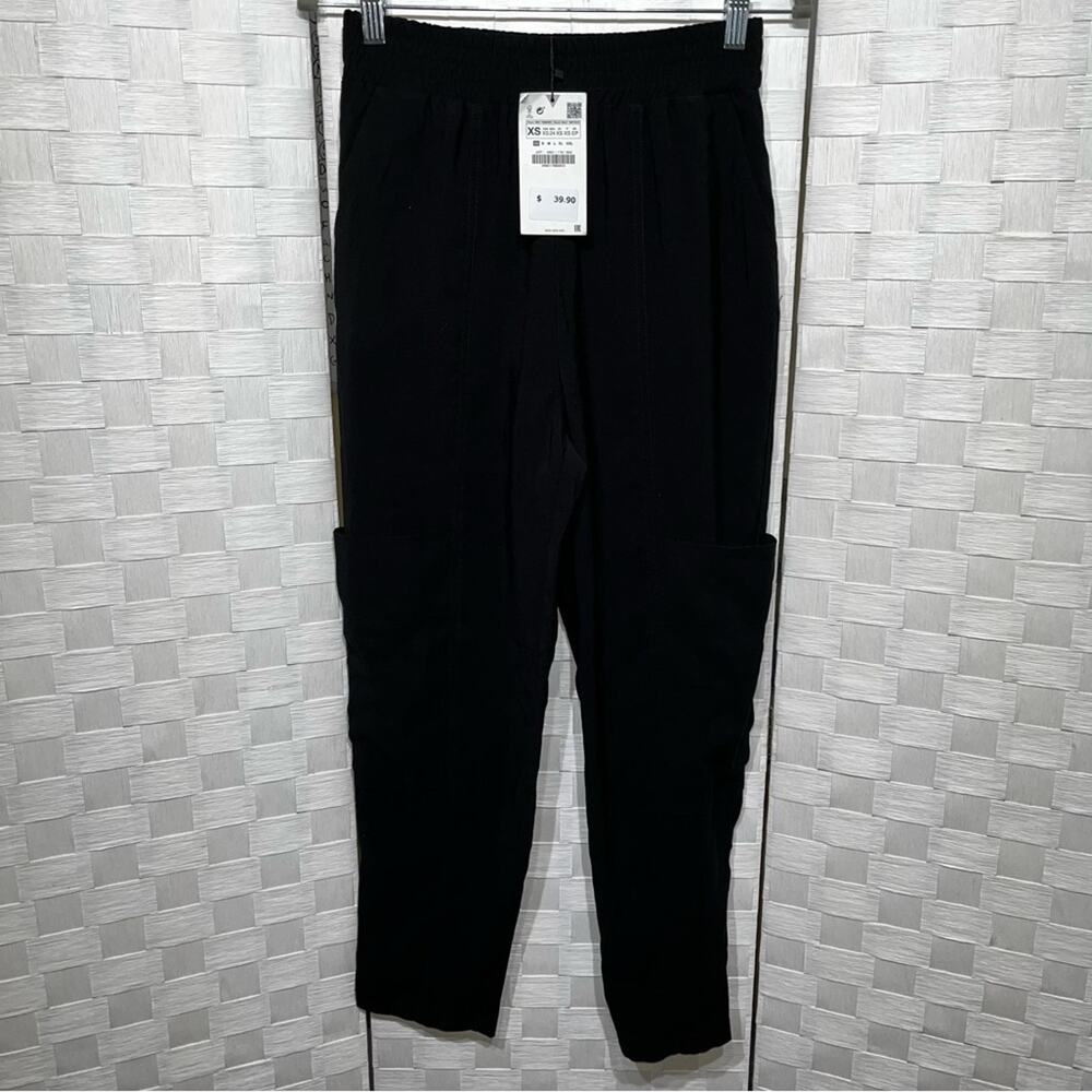 Zara Women’s Cargo Pants Size XS Black Elastic Waist Slit Pockets Slouch Pockets